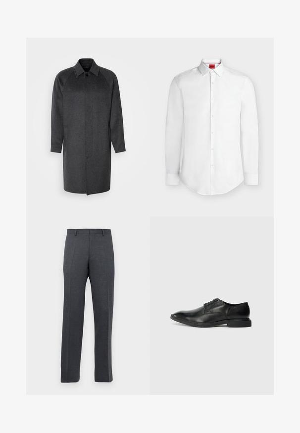 Isaac Dewhirst RAGLAN COAT - Manteau classique - dark grey; Chemise blanche à manches longues avec boutons, col pointu et étiquette rouge de la marque Hugo à l'intérieur du col.; Pantalons habillés sur mesure gris foncé pour hommes avec passants de ceinture et plis à l'avant, affichés sur un fond blanc.; Chaussure habillée en cuir noir avec une texture lisse, bout pointu, design à lacets à six œillets et un petit talon rectangulaire. Détail de marque subtil sur le côté.