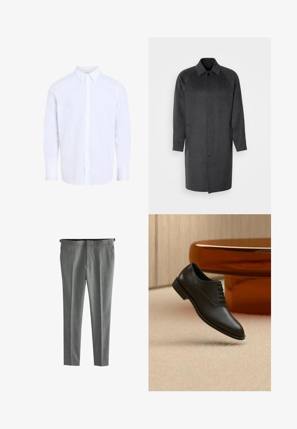 Isaac Dewhirst RAGLAN COAT - Klassikaline mantel - dark grey; Valge triiksärk pika varrukaga, klassikalise kraega, valmistatud sileda kangaga, esiküljel nööpidega ja ümarate servadega.; Hallide mustriga püksid, millel on kohandatud disain, tasane esiosa, vöökohad ja küljetaskud. Sile tekstuur ametliku viimistlusega.; Mustast poleeritud nahast paeltega king, mis hõljub beeži vaiba kohal, taustal suur merevaigukollane ümmargune klaasist laud.