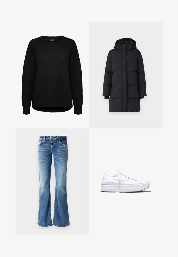 Abrigo acolchado negro con capucha, presenta un diseño acolchado, mangas largas, cierre frontal con cremallera y puños elásticos. Tejido suave y texturizado.; Jersey negro de punto de manga larga con cuello redondo y puños acanalados, diseñado para mujer, de la marca Selected Femme.; Jeans de mezclilla de corte acampanado en un azul claro, con un lavado desgastado, cinco bolsillos, detalles cosidos y cierre de cremallera con botón.; Zapatilla blanca de lona de perfil bajo con suela gruesa de plataforma, cierre de cordones en el frente y puntera de goma texturizada, mostrada de perfil.