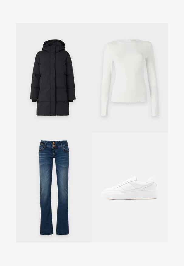 Sort puffersede med hætte, der har et kviltet design, lange ærmer, lynlås foran og elastiske manchetter. Glat, struktureret stof.; TOM TAILOR DENIM WITH FRILL EDGE - Langærmet T-shirt - off white; Mørkeblå bootcut jeans med to frontknapper, fem lommer og subtil falmning på lår og knæ.; Hvid lavtop-sneaker med tyk sål, snørelukning og diskrete syningsdetaljer på en ensfarvet lys baggrund.