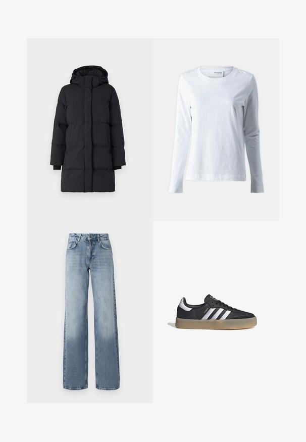 Sort puffersede med hætte, der har et kviltet design, lange ærmer, lynlås foran og elastiske manchetter. Glat, struktureret stof.; Hvid langærmet t-shirt lavet af blødt bomuld. Har en rund halsudskæring og tætsiddende ærmer. Glat tekstur med et enkelt design.; Bredde ben bløde denim jeans i blå med en lys vask, lynlås, fem-lomme design og subtil falming nær anklerne.; Sort læder atletiksko med tre sølvstriber, en struktureret tå og en gummisål. Har en polstret krave og snørebåndsdesign.