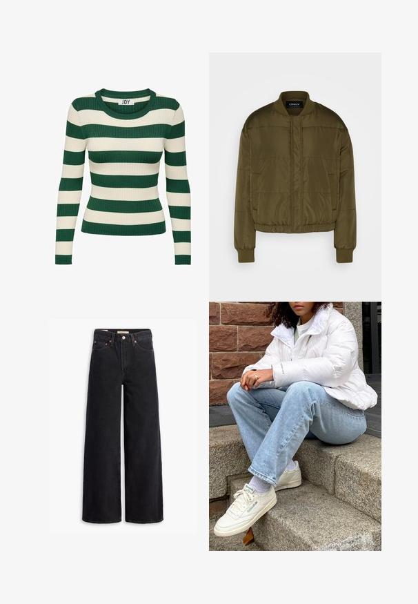 ONLY ONLCOOL PUFFER JACKET - Bombera - kalamata; Zeleno-krémový pruhovaný rebrovaný sveter s dlhým rukávom a okrúhlym výstrihom, so priliehavým strihom a kontrastnou pletenou textúrou.; Čierne nohavice s voľným strihom vyrobené z denimu, obsahujúce päť vreciek, medené nitky a klasické zapínanie na gombík. Hladká textúra s čistým dizajnom.; Biely nafukovací kabát s vysokým golierom, svetlo modré džínsy a biele tenisky Reebok. V pozadí sú štruktúrované kamenné schody.