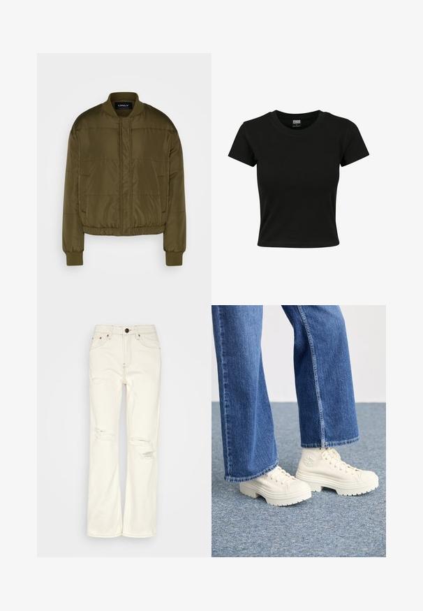 ONLY ONLCOOL PUFFER JACKET - Chaquetas bomber - kalamata; Camiseta negra de manga corta fabricada en algodón suave, con un cuello redondo y un corte ajustado. Sin patrones ni acentos visibles.; BDG Urban Outfitters STRAIGHT - Vaqueros rectos - ecru; Zapatillas deportivas blancas de caña alta con suelas gruesas y estriadas, y detalle de logo circular, combinadas con jeans de mezclilla de pierna ancha en azul claro.