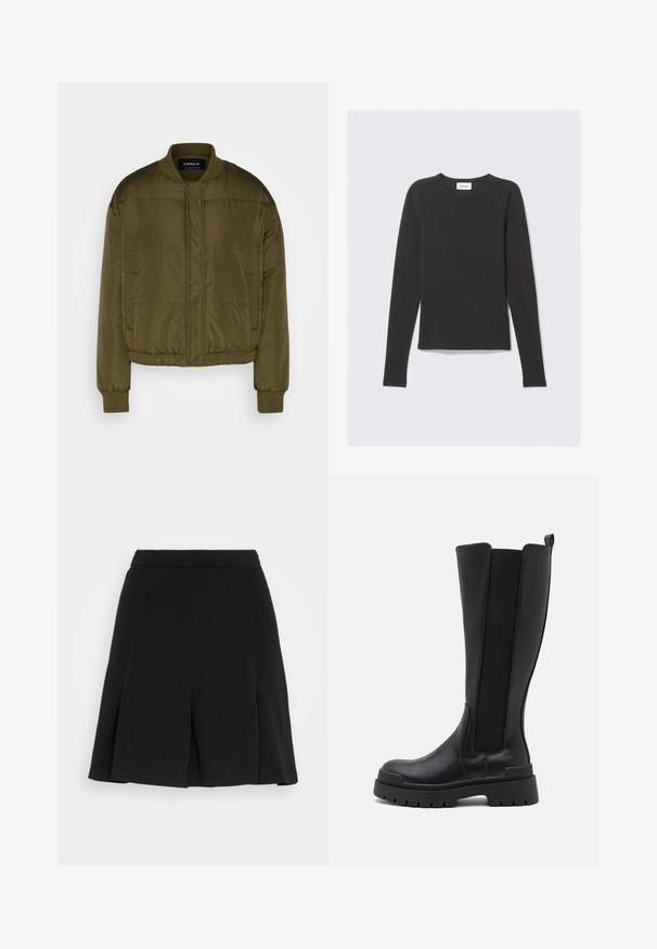 ONLY ONLCOOL PUFFER JACKET - Bomberjakke - kalamata; Sort langærmet t-shirt med rund hals og slank pasform, lagt fladt på en lys grå baggrund.; Even&Odd Mini skirts - black; Even&Odd Plateaustøvler - black