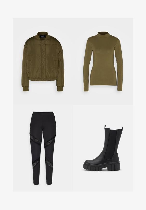 ONLY ONLCOOL PUFFER JACKET - Blouson Bomber - kalamata; JDY T-shirt à manches longues - kalamata; Leggings noirs avec des découpes triangulaires accentuées de dentelle noire sur les côtés, fabriqués dans un tissu extensible avec un design ajusté.; Bottine noire avec une combinaison de simili cuir et de panneaux élastiques sur les côtés. Semelle épaisse avec des rainures verticales pour une meilleure adhérence.