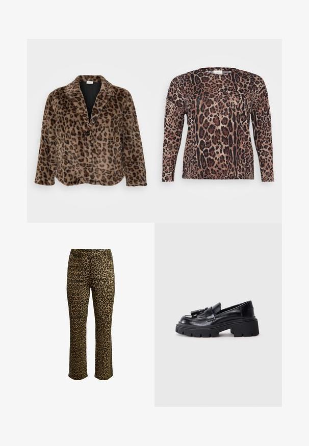 Leopardprint nepbont blazer met een geknipte kraag, enkele knoopsluiting en een licht gebogen zoom. Zachte textuur en warme kleuren overheersen.; Langarmshirt in een luipaardprint met tonen van bruin, zwart en beige. Zachte textuur met een relaxte fit.; Een broek met luipaardprint, met een slim fit, knoopsluiting en gestikte tailleband met een lichte stretch voor comfort.; Zwarte leren instappers met een chunky, gekartelde zool, voorzien van een decoratieve kwast aan de voorkant en een gladde, glanzende textuur.