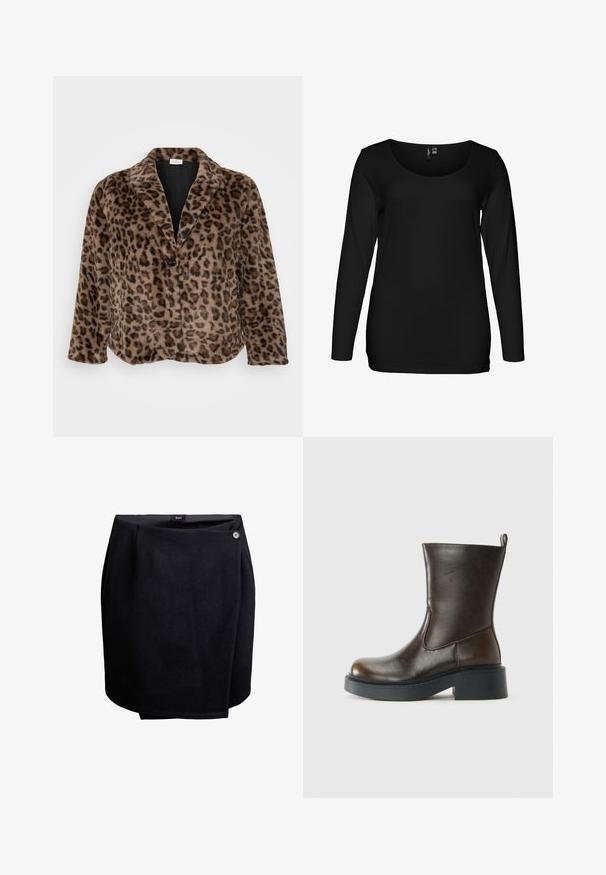 Blazer en fausse fourrure à imprimé léopard avec un col cranté, fermeture à un bouton et ourlet légèrement courbé. Texture douce et couleurs chaudes prédominent.; T-shirt noir à manches longues en tissu lisse et léger. Caractérisé par un col rond et une silhouette ajustée.; Jupe noire enveloppante avec une fermeture à bouton sur le côté, fabriquée en tissu lisse, arrivant au genou avec un léger détail de superposition.; Botte en cuir marron foncé jusqu'au mollet avec un bout rond, épaisse semelle noire, petit talon block, et une languette à l'arrière.