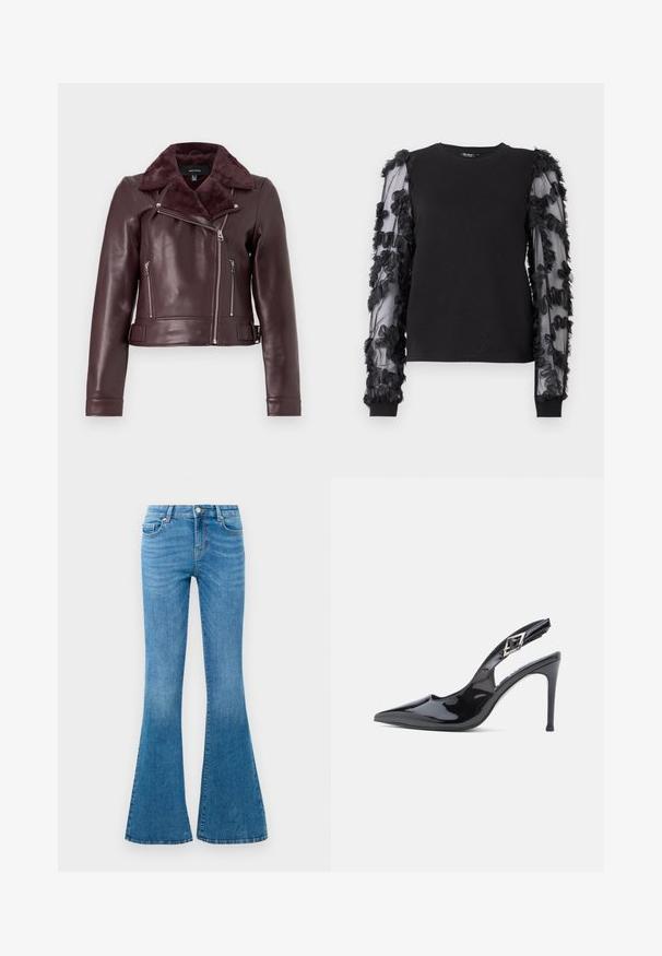 Veste de moto en cuir bordeaux avec un col en fausse fourrure, fermetures éclair argentées, design ajusté et détails de taille ceinturée.; Sweatshirt noir avec de longues manches transparentes ornées d'appliqués floraux noirs. Présente un col ras du cou classique et des poignets côtelés.; Jean flare en denim bleu avec une taille mi-haute, comportant cinq poches, un bouton standard et un léger délavage pour la texture.; Escarpins slingback en cuir verni noir avec un bout pointu, un design élégant, un talon aiguille de 10 cm et un détail décoratif à boucle.