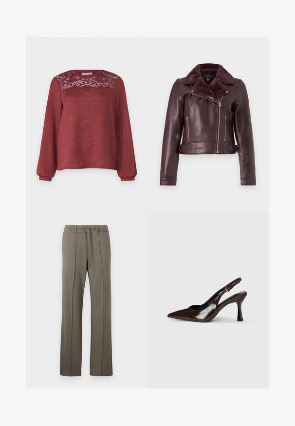 Veste de moto en cuir bordeaux avec un col en fausse fourrure, fermetures éclair argentées, design ajusté et détails de taille ceinturée.; Pull rust avec des manches longues, présentant un panneau en dentelle sur les épaules et un col rond. Tissu en tricot texturé.; Pantalons kaki avec une coupe droite, taille à cordon de serrage et deux plis sur le devant. Fabriqués dans un tissu doux et texturé.; Talons slingback en cuir verni brun avec un bout pointu, un talon fin, et une sangle réglable avec une petite boucle.