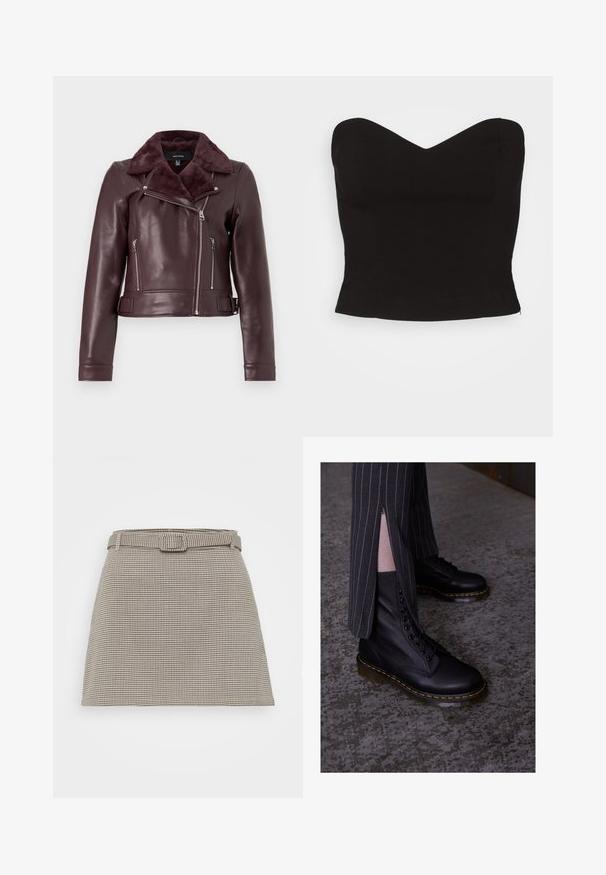 Burgundy lædermotorcykeljakke med en faux fur krave, sølv lynlås, tætsiddende design og bælte i taljen.; NA-KD STRAPLESS TIGHT - Top - black; Rutet miniskørt i sort og hvid. Har et bælte med en rektangulær spænde, skræddersyet form og glat tekstur.; Sorte læder snørebåndsstøvler med en struktureret overflade, gule syninger og en solid, gennemsigtig sål. Samlet med stribede bukser med lynlåse.