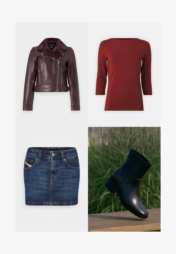 Bordeaux leren motorjack met een faux bontkraag, zilveren ritsen, een getailleerd ontwerp en een ceintuurbeslag.; Bordeaux lange mouwen shirt met een bootkraag, gemaakt van zacht materiaal. Heeft een getailleerd silhouette en een lichte rek, zonder patronen of accenten.; Donkerblauwe denimrok met een getailleerd ontwerp, vijf zakken en oranje stiksel. Voorzien van een metalen knoopsluiting bij de taille.; Zwarte leren enkellaars met een afgeronde neus en een bescheiden hak. Heeft verticale naden aan de zijkant, een gladde textuur en een gestroomlijnde silhouet.
