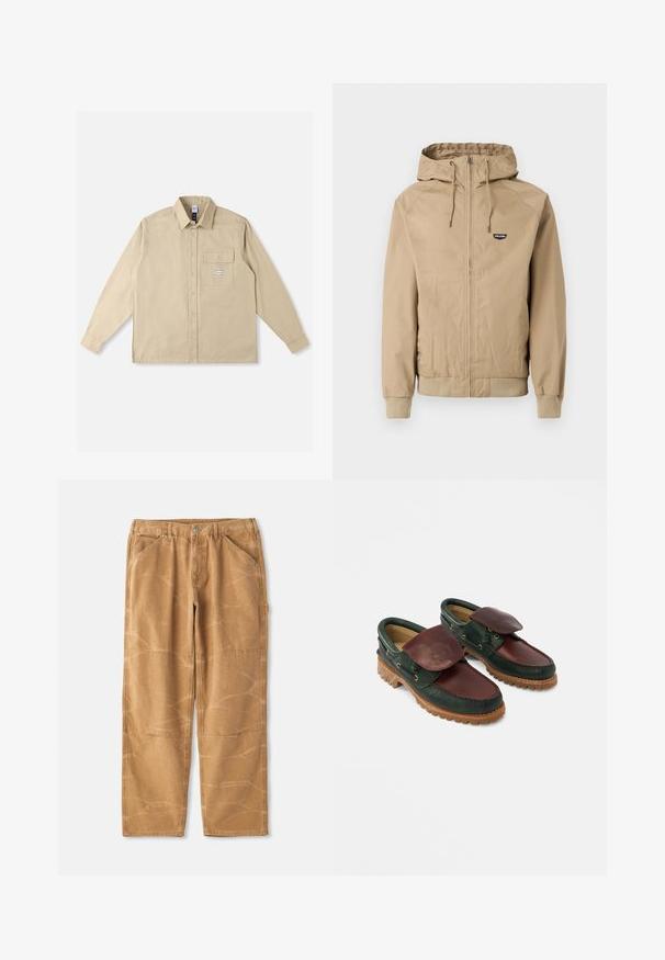 Beige lynlåstrøje med hætte, ribstrikkede manchetter og kant. Har en lille sort logo på venstre bryst. Glat stof med et afslappet design.; Beige langærmet skjorte i bomuldsstof med klassisk krave, knaplukning foran, enkelt brystlomme og brandmærke på lommen.; Beige bomuldsbukser med løs pasform, der har synlige sømkanter, lap-detaljer og en let krøllet tekstur.; Lædersko med en mørkegrøn krop og en burgunderrød top, rund tå, fastgjort klap og tekstureret gummisål med riller.