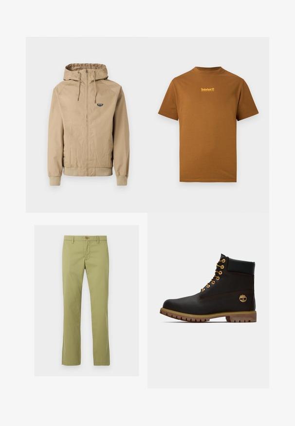 Veste beige à fermeture éclair avec capuche, poignets et ourlet côtelés. Présente un petit logo noir sur la poitrine gauche. Tissu lisse avec un design décontracté.; T-shirt marron à manches courtes avec col rond, petit logo Timberland jaune et texte centrés sur la poitrine sur un fond uni.; Pantalon droit vert clair avec fermeture à bouton et glissière, passants pour ceinture et sans poches visibles, présenté de face sur fond blanc.; Bottine noire en cuir avec œillets dorés, accents marron et semelle en caoutchouc. Comprend un col rembourré et un logo estampé sur le côté.
