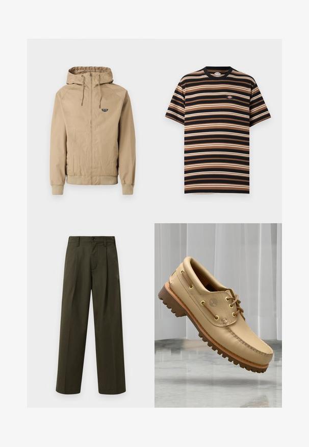 Beige Reißverschlussjacke mit Kapuze, gerippten Bündchen und Saum. Verfügt über ein kleines schwarzes Logo auf der linken Brustseite. Glatter Stoff mit einem lässigen Design.; Kurzärmeliges T-Shirt mit horizontalen schwarzen, braunen und beigen Streifen, mit einem kleinen Dickies-Logo-Patch auf der Brust.; Olivgrüne weit geschnittene Hosen aus Baumwolle mit glatter Textur, ausgestattet mit einer Fronttasche, Gürtelschlaufen und einem einzigen Knopfverschluss.; Hellbraune Lederbootsschuhe mit dickem, geripptem Profil und Schnürdetails, schwebend über einem Marmorboden und einem Hintergrund aus weißen vertikalen Jalousien.