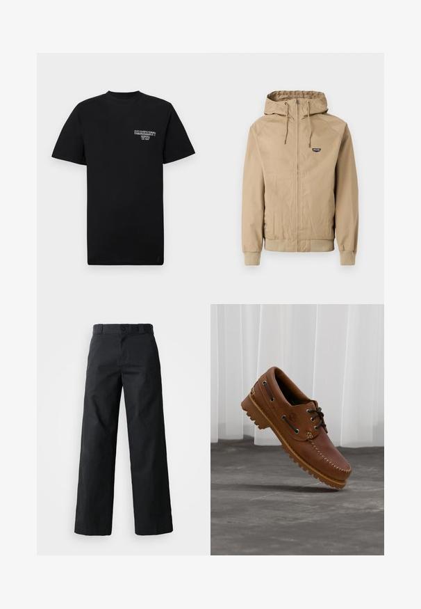 Beige jack met ritssluiting en capuchon, geribbelde manchetten en zoom. Heeft een klein zwart logo op de linkerborst. Gladde stof met een casual ontwerp.; Zwarte katoenen t-shirt met korte mouwen en een ronde hals, met een witte bedrukte logo op de linkerborst. Gladde textuur, normale pasvorm.; Zwarte wijde broek van katoen. Voorzien van een knoopsluiting, riemlussen en zijzakken. Gladde textuur met een op maat gemaakte snit.; Bruine leren bootschoen met zwarte veters, beige stiksel en een robuuste zool, zwevend boven een grijze betonnen vloer.