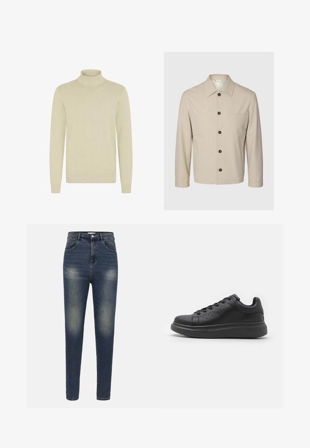 Veste beige à manches longues avec col pointu, boutons sur le devant, une poche poitrine à passepoil et deux poches latérales, présentée sur un fond uni.; Pull col roulé beige clair avec un motif de tricot texturé, manches longues et poignets et ourlet côtelés. Tissu doux et confortable.; Pier One CLASSIC RIGID JEANS - Jean slim - dark blue wash; Jack & Jones Trainers Trainers - Baskets basses - black