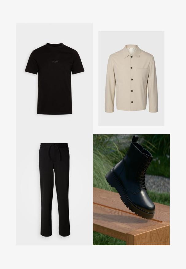 Beige Jacke mit langen Ärmeln, spitzem Kragen, Frontknöpfen, einer Brustleistentasche und zwei Seitentaschen, auf neutralem Hintergrund dargestellt.; Schwarzes T-Shirt mit kurzen Ärmeln aus Baumwolle, mit Rundhalsausschnitt und einem dezenten Frontlogo auf der Brust, das "GUESS EST. 1981" zeigt.; Schwarze Jogginghosen mit einem Kordelzugbund, hergestellt aus weichem, elastischem Material. Sie haben einen lockeren Schnitt mit geraden Beinen und keine sichtbaren Taschen.; Schwarze Lederstiefelette mit strukturierten Oberflächen, Schnürung an der Vorderseite und robuster, gerillter Sohle. Auf einer Holzoberfläche mit Gras-Hintergrund präsentiert.
