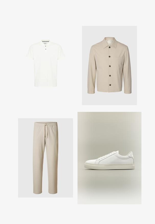 Veste beige à manches longues avec col pointu, boutons sur le devant, une poche poitrine à passepoil et deux poches latérales, présentée sur un fond uni.; Polo shirt blanc en coton, avec un col classique, des manches courtes et une patte de boutonnage à trois boutons avec des boutons bleu marine.; Pantalon décontracté beige avec taille élastique et cordon de serrage à nouer à l'avant, coupe droite, idéal pour une tenue décontractée ou quotidienne.; Baskets blanches basses à lacets sur l’avant et semelle épaisse, vues de côté sur un fond neutre.