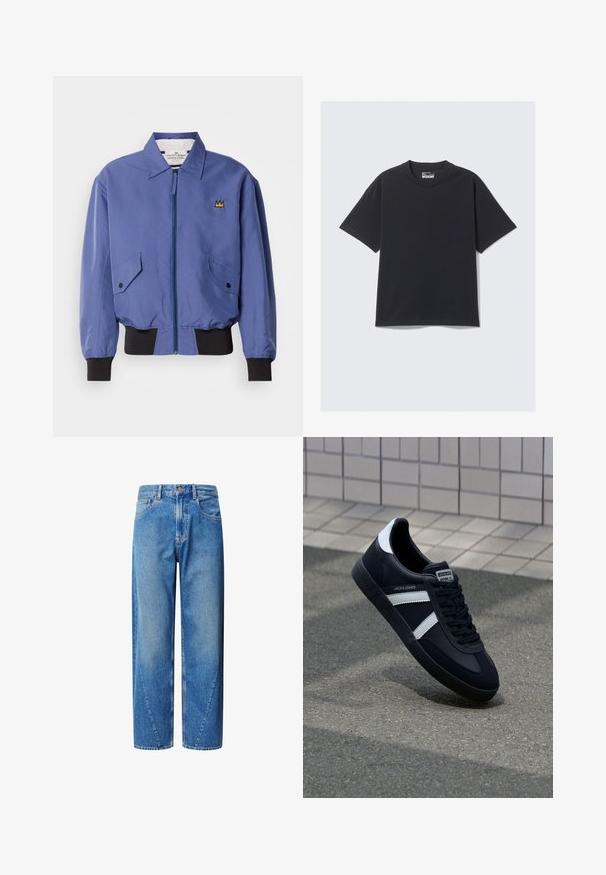 Blaue Bomberjacke mit Frontreißverschluss, zwei schrägen Taschen sowie schwarzen, gerippten Bündchen an Ärmeln und Saum. Verziert mit einem gestickten Kronenmotiv auf der Brust.; Schwarzes Baumwoll-T-Shirt mit klassischem Rundhalsausschnitt, kurzen Ärmeln und lockerer Passform. Glatte Textur mit minimalen Nähten.; Helle blaue Denim-Jeans mit hoher Taille, weitem Beinschnitt und schrägen Echsenähten. Verfügt über fünf Taschen und einen Knopfverschluss.; Schwarze Leder-Sneaker mit weißen Streifen, strukturiertem Gummisohle und Schnürung. Verfügt über ein Markenetikett auf der Zunge.