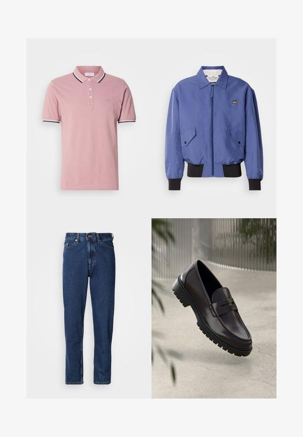 Veste bomber bleue avec une fermeture éclair frontale, deux poches en biais, et des poignets et ourlet côtelés noirs. Présente un détail brodé en forme de couronne sur la poitrine.; Chemise polo rose avec patte de boutonnage à deux boutons, col côtelé présentant des rayures bleu marine et blanches, et un logo discret brodé sur la poitrine.; Jean bleu foncé en denim, avec une coupe droite, style cinq poches et des coutures apparentes le long des coutures.; Mocassins en cuir marron avec une semelle en caoutchouc texturée et striée. Présente un design épuré et une sangle décorative sur le cou-de-pied.