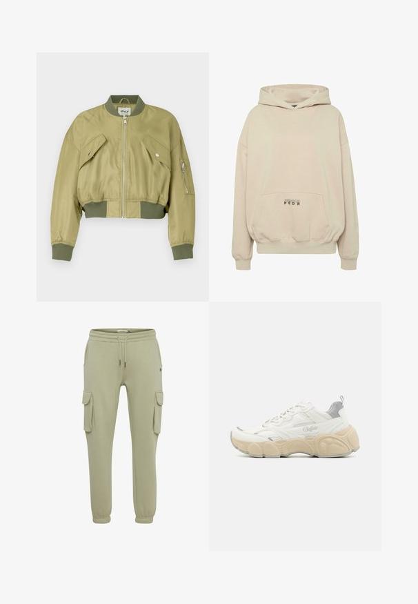 Geknipte bomberjack in olijfgroen, gemaakt van glad nylon met ribgebreide manchetten en zoom. Beschikt over twee schuine frontzakken en een ritszak op de mouw.; Beige hoodie met een voorzak, geribbelde boorden en een capuchon met trekkoord. "PECADOR PGDR" tekst gedrukt op het zakgebied.; Lichtgroene cargobroeken van zacht stof, met zijzakken, elastische manchetten en een koordje in de taille voor een verstelbare pasvorm.; Witte sneaker met een bovenwerk van mesh en glad leer, met een gevoerde kraag, een gemêleerde rubberen zool en subtiele metallic accenten.