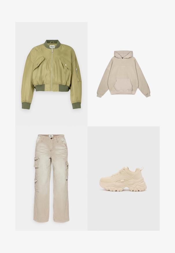 Chaqueta bomber recortada en verde oliva, fabricada en nylon suave con puños y dobladillo acanalados. Cuenta con dos bolsillos frontales en ángulo y un bolsillo en la manga con cremallera.; Sudadera con capucha beige de corte relajado, bolsillo tipo canguro, mangas con puños y una textura suave. Presenta un sutil logotipo en la parte frontal.; BDG Urban Outfitters PANTS - Pantalones cargo - stone; Buffalo GALACTICA - Zapatillas - cream