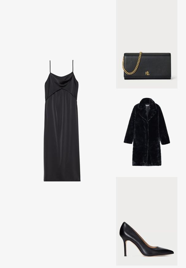 Sort kunstpelsfrakke med bred krave og lange ærmer, har en lige pasform og blødt, tekstureret stof. Ingen synlige lukninger.; Sort satin slip kjole med tynde spaghetti stropper, en draperet halsudskæring og en lige silhuet. Glat tekstur og minimalistisk design.; Sorte læder højhælede pumper med spids tå og en slank stiletto hæl. Den glatte tekstur og de minimale detaljer skaber et klassisk design.; Sort læderpung med en guld kædestrop, der har et guld logo foran. Minimalistisk design med en glat overflade og slank form.