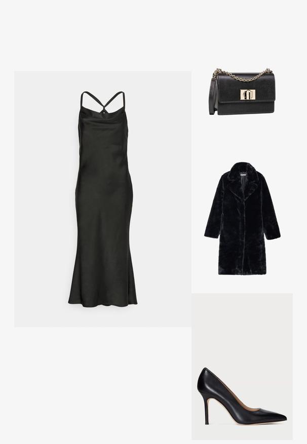 Schwarzer Kunstfellmantel mit breitem Kragen und langenÄrmeln, in gerader Schnittführung und aus weichem, strukturiertem Stoff. Keine sichtbaren Verschlüsse.; Jarlo Petite BIBI - Cocktailkleid/festliches Kleid - black; Schwarze Leder-Pumps mit hohem Absatz, spitzem Schuhkopf und schlankem Stiletto-Absatz. Die glatte Textur und die minimalen Details verleihen ein klassisches Design.; Schwarze Schultertasche aus strukturiertem Leder mit goldener Kettenriemen und goldener rechteckiger Schnalle am vorderen Klappverschluss.