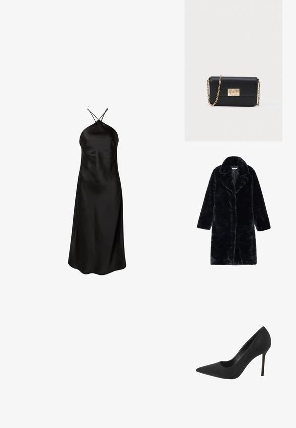 Manteau en fausse fourrure noire avec un large col et de longues manches, présentant une coupe droite et un tissu doux et texturé. Pas de fermetures visibles.; Robe noire en satin à col halter avec un corsage ajusté, une silhouette fluide et des fentes latérales pour faciliter le mouvement. Fines bretelles croisées dans le dos.; Escarpin haut en daim noir avec un bout pointu et un détail en découpes sur le côté ; doté d'un talon aiguille élancé et d'une doublure intérieure lisse.; Sac à bandoulière en cuir noir avec une chaîne dorée et un fermoir rectangulaire doré à l'avant, sur fond clair uni.