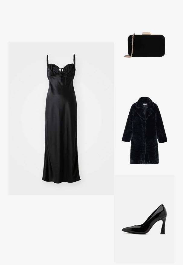 Manteau en fausse fourrure noire avec un large col et de longues manches, présentant une coupe droite et un tissu doux et texturé. Pas de fermetures visibles.; Robe maxi en satin noir avec un corsage ajusté, bordure en dentelle festonnée, bretelles spaghetti ajustables et un détail de lien à l'avant.; Escarpin en cuir verni noir à talon haut, avec un bout pointu et un talon bloc, présentant un accent logo. Texture de surface lisse et brillante.; Pochette en velours noir avec quincaillerie dorée, de forme rectangulaire, et une bandoulière en chaîne, présentant une texture lisse et sans motifs visibles.