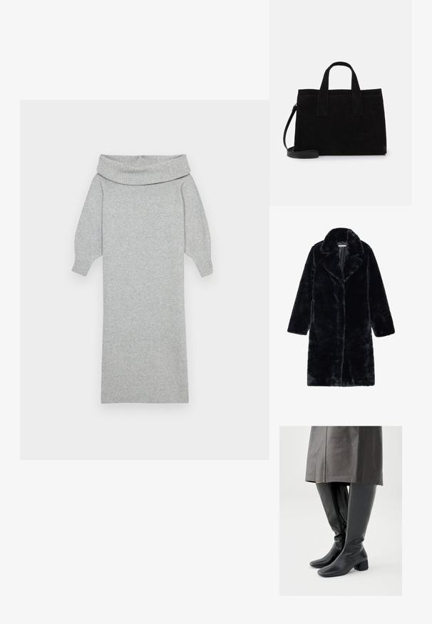 Sort kunstpelsfrakke med bred krave og lange ærmer, har en lige pasform og blødt, tekstureret stof. Ingen synlige lukninger.; Grå strikket sweaterkjole med en bred off-shoulder krave, ribbede manchetter og en lige silhuet. Blød tekstur og mellemlang design.; Knæhøje sorte læderstøvler med firkantet tå, skråt stillet blokhæl og en sidesyning; glat tekstur og tætsiddende design.; Sort suede tote taske med to top-håndtag og en aftagelig skulderrem. Rektangulær form med en glat tekstur og minimal syning.