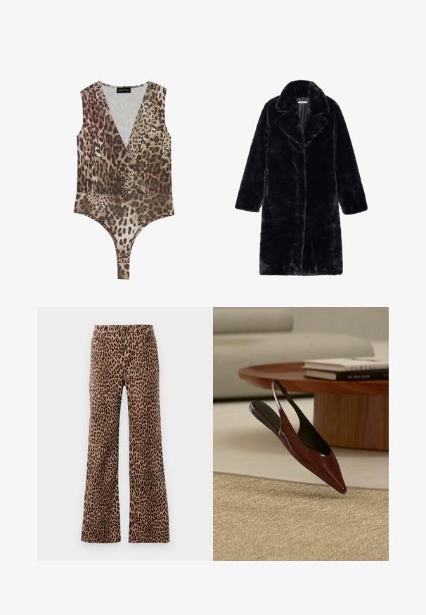 Sort kunstpelsfrakke med bred krave og lange ærmer, har en lige pasform og blødt, tekstureret stof. Ingen synlige lukninger.; Leopardmønstret bodysuit med dyb V-hals, ærmeløst design, sammensamlet talje og højskåret bund i nuancer af brun og beige.; Bredde bukser med leopardprint i beige og sort, der har en glat tekstur og tapered kant. Designet med standard talje og lommer.; Mørkebrun spids slingback, flad sko svæver over et vævet beige tæppe med et rundt bord i træ og bøger i baggrunden.