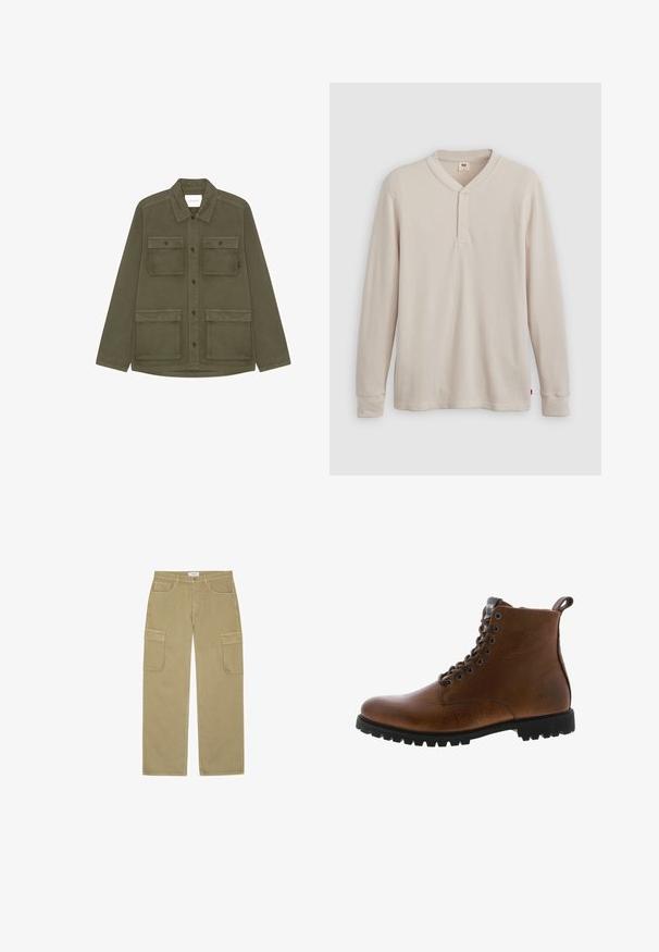 Chaqueta de botones verde oliva con cuatro bolsillos frontales con solapa y cuello, diseñada para el uso casual.; Camisa tipo henley de manga larga en tejido acanalado color beige claro, con escote en V,tapeta de tres botones, y mangas con puños. Etiqueta de logo roja en el dobladillo.; Pantalones cargo caqui de pierna ancha, con cierre de botón, presillas para cinturón y grandes bolsillos con solapa en ambos muslos.; Botas de cuero marrón hasta el tobillo con acabado texturizado, ojales de metal y suela de goma negra con protuberancias. Presenta una lengüeta en la parte posterior para facilitar su uso.