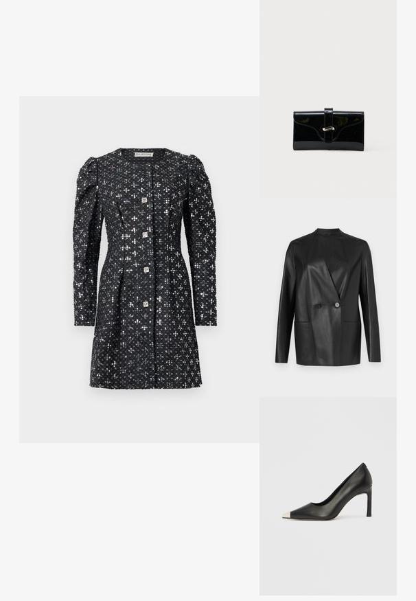 Zwarte leren blazer met een gestructureerd ontwerp, slank kraagje, dubbele knoopsluiting en twee voorzakken. Soepele, matte textuur.; Zwart langemouwen jurk met opbollende schouders, bedekt met zilveren pailletten, met vier vierkante decoratieve knopen aan de voorkant.; Zwarte leren hoge hak met een spits toelopende neus en een metalen zilverkleurige kap. Heeft een gladde afwerking en een slanke hak van 10 cm.; Zwart glanzend rechthoekig portemonnee met een voorstrik en zilveren metalen sluiting, geplaatst tegen een effen witte achtergrond.