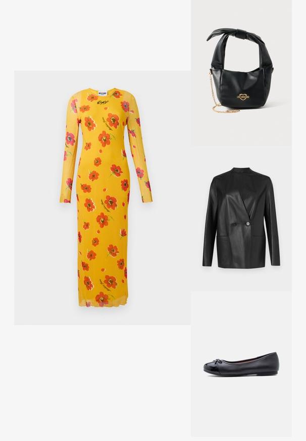 Sort lærblazer med struktureret design, hakket krave, lukning med dobbelt knap og to forlommer. Glat, mat tekstur.; Langærmet kjole lavet af gult stof med røde blomster mønstre. Har en rund halsudskæring og en tætsiddende silhuet. Diskret mærkesignatur detalje.; Sort ballet-flad sko i glat læder med skinnende tåhætte, sløjfedetalje og minimalistisk design med lav hæl.; Sort blød læder Love Moschino håndtaske med knyttet håndtag og guldkæde-strop på hvid baggrund.