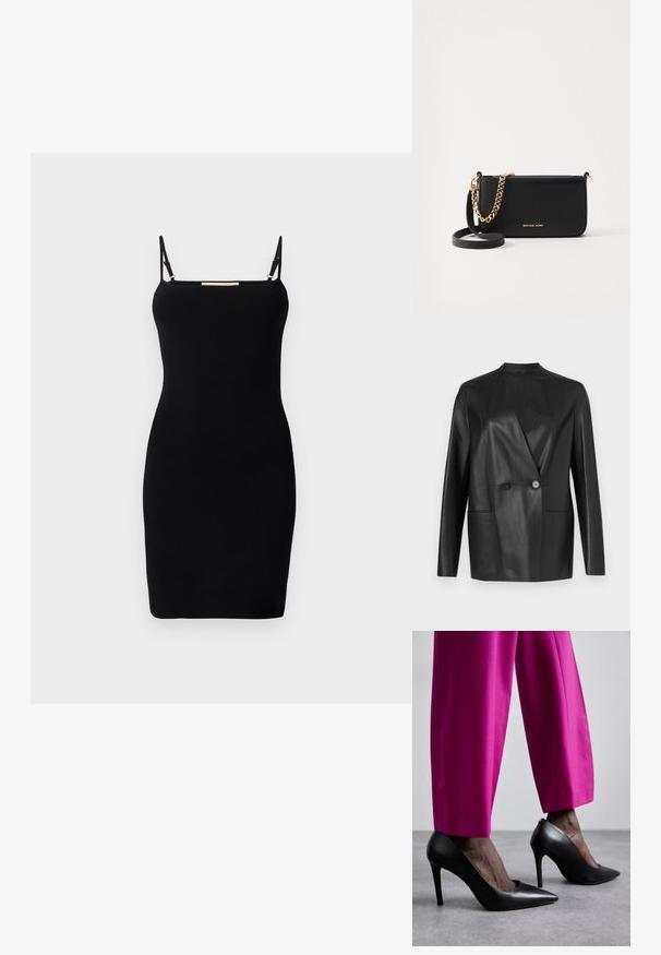 Sort lærblazer med struktureret design, hakket krave, lukning med dobbelt knap og to forlommer. Glat, mat tekstur.; Sort ribbet strikket kjole med tynde justerbare stropper og lige udskæring. Tæt pasform, minimalistisk design og ingen synlige mønstre eller accenter.; Sorte højhælede sko med spids tå-design og glat læderstruktur. Kombineret med lyserøde, skræddersyede bukser.; Sort læder clutch med en guldkædeaccent, glat tekstur og detaljer med guldlogo. Inkluderer en justerbar rem for alsidighed.