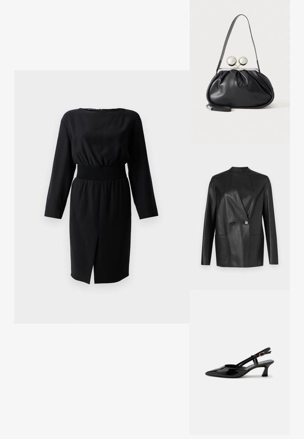 Schwarzer Lederblazer mit strukturiertem Design, Reverskragen, Doppelknopfverschluss und zwei Fronttaschen. Glatte, matte Textur.; Schwarzes Langarmkleid mit Rundhalsausschnitt, elastischem Bund, strukturiertem Stoff und einem seitlichen Schlitz. Reißverschluss auf der Rückseite.; Schwarzer Slingback-Pumps aus Lackleder mit spitzer Spitze und verstellbarem goldfarbenem Riemen auf weißem Hintergrund.; Schwarze Ledertasche mit gerafftem Design, einem einzelnen Riemen, silbernem Metallrahmen und zwei großen runden silbernen Verschlüssen.