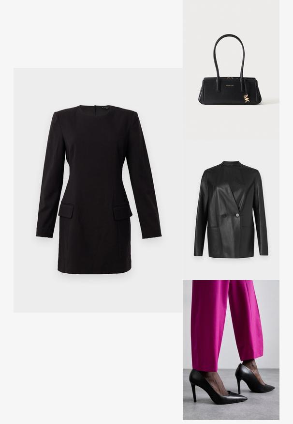 Sort lærblazer med struktureret design, hakket krave, lukning med dobbelt knap og to forlommer. Glat, mat tekstur.; Sort langærmet kjole med rund halsudskæring, to forlommer og en tætsiddende pasform, lavet af et glat stof med minimal detaljering.; Sorte højhælede sko med spids tå-design og glat læderstruktur. Kombineret med lyserøde, skræddersyede bukser.; Sort rektangulær læderhåndtaske med dobbelte håndtag, gyldent Michael Kors-logo og hængende MK-vedhæng på ensartet lys baggrund.