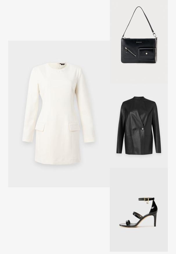 Zwarte leren blazer met een gestructureerd ontwerp, slank kraagje, dubbele knoopsluiting en twee voorzakken. Soepele, matte textuur.; Witte lange mouw jurk met een ronde halslijn, aansluitende pasvorm, twee voorke pockets en een subtiele reliëflogo bij de hals. Gladde stofstructuur.; Zwarte gepatineerde leren sandaal met drie banden, enkelgesp en 10 cm hoge stiletto hak. Bevat gouden hardwaredetails en een logo charm.; Zwarte leren schoudertas van Michael Kors met een bovenste rits, een diagonale voorzak met rits, een klepzak met drukknop en een zilverkleurig kettinkdetail.