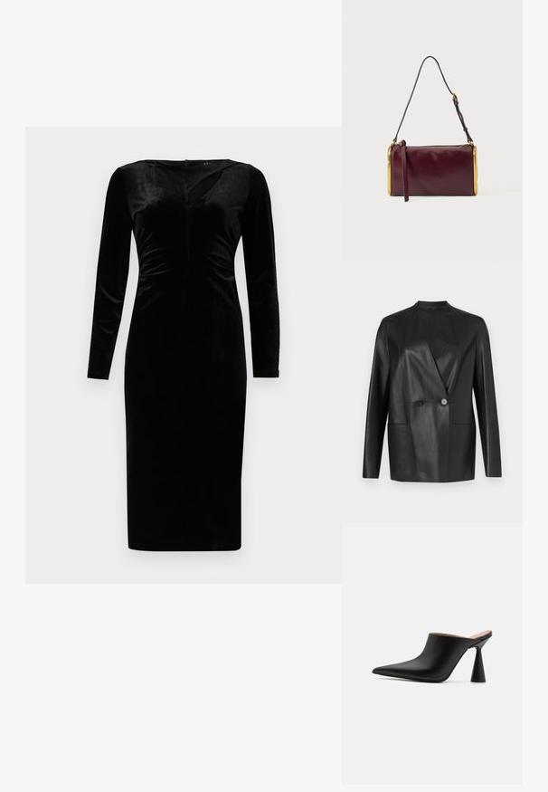 Schwarzer Lederblazer mit strukturiertem Design, Reverskragen, Doppelknopfverschluss und zwei Fronttaschen. Glatte, matte Textur.; Schwarzes Samtkleid mit langen Ärmeln, das eine figurbetonte Passform, einen V-Ausschnitt, dezente Raffung und einen knielangen Saum aufweist. Glatte Textur.; Schwarze Leder-Mules mit spitzem Zehenbereich und einzigartigem kegelförmigem Absatz. Glatte Textur und minimalistisches Design, offener Rücken für einfaches Anziehen.; Zylindrische Schultertasche aus burgunderfarbenem Leder mit goldfarbenen Metallrahmenakzenten und verstellbarem schwarzem Riemen auf hellgrauem Hintergrund.