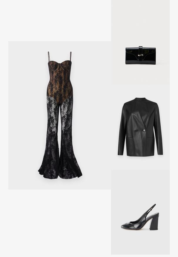 Blazer en cuir noir au design structuré, col cranté, fermeture à double bouton et deux poches avant. Texture lisse et mate.; Body en dentelle avec un design floral noir ajusté, featuring des fines bretelles, un décolleté en cœur et des jambes évasées avec une finition transparente.; Escarpin noir en cuir, à talon ouvert, avec un bout arrondi, des détails en brogue et une finition brillante. Il dispose d'un large talon bloc et d'une boucle sur le côté.; Portefeuille rectangulaire brillant noir avec une sangle frontale et une fermeture à boucle en métal argenté, présenté sur un fond blanc uni.