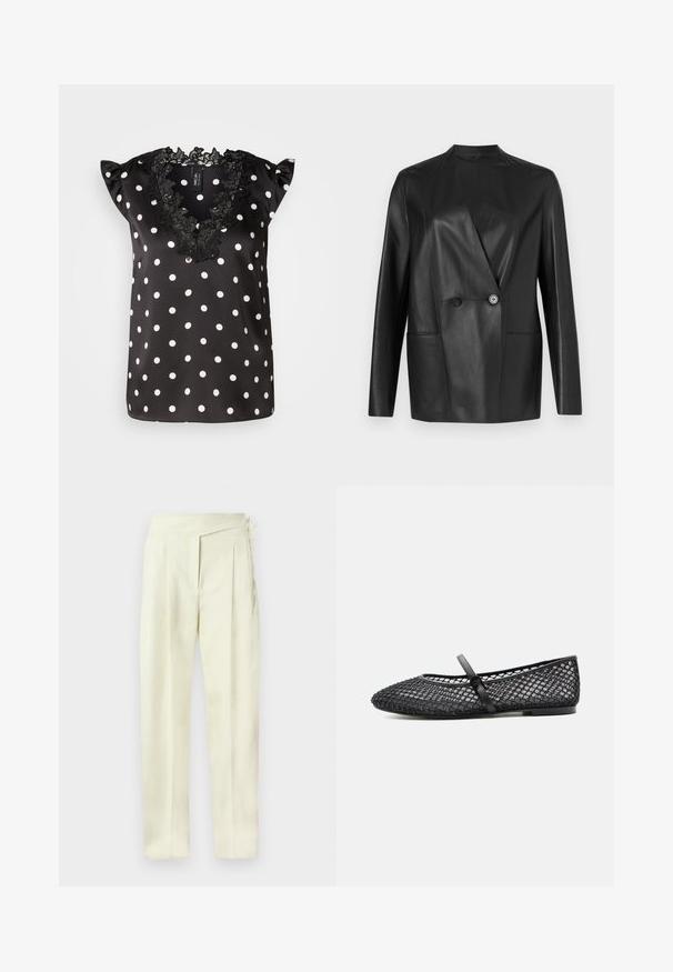 Blazer en cuir noir au design structuré, col cranté, fermeture à double bouton et deux poches avant. Texture lisse et mate.; Blouse noire à pois blancs, avec des manches courtes à volants et un col en dentelle noire à bords festonnés. Matière en satin lisse.; Pantalon taille haute couleur crème, coupe ajustée avec plis, fermeture latérale et jambes droites, sur fond uni.; Chaussure Mary Jane plate noire avec dessus en mesh présentant un motif en résille et de petites décorations, et une fine bride avec fermeture à boucle.