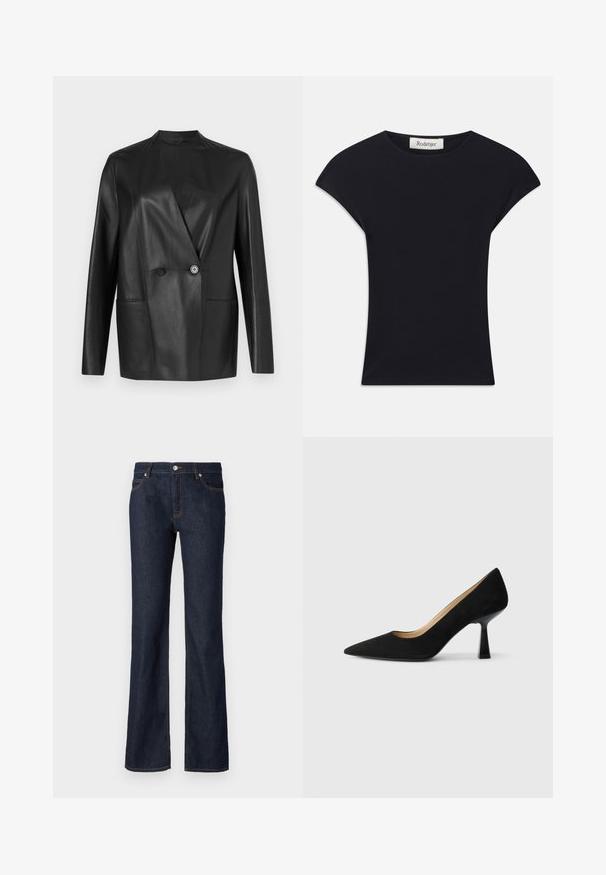 Blazer en cuir noir au design structuré, col cranté, fermeture à double bouton et deux poches avant. Texture lisse et mate.; Haut noir à manches courtes en tissu doux, avec un col rond et une coupe ajustée, ornée de légers accents d'épaule. Étiquette visible.; Jean en denim bleu foncé avec une coupe évasée, design à cinq poches et surpiqûres orange contrastantes le long des coutures et des poches.; Pompe à talons hauts en suède noir avec un bout pointu, dotée d'un talon bloc noir brillant et d'une doublure intérieure lisse.
