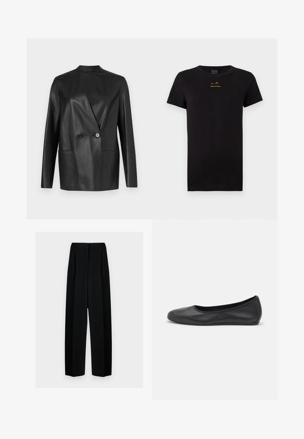 Sort lærblazer med struktureret design, hakket krave, lukning med dobbelt knap og to forlommer. Glat, mat tekstur.; Sort kortærmet T-shirt lavet af bomuld. Har et trykt guldlogo på brystet. Klassisk runde hals design. Blød tekstur.; Sorte vide benbukser med høj talje, der har læg og en glat tekstur. Stoffet virker let og falder elegant.; Sort læderballetsko med rund tå, glat tekstur, minimal syning og et fleksibelt såldesign.