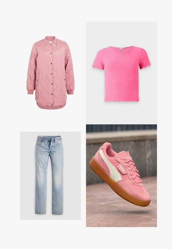 Tikkipinkki bomber-takki pyöreällä helmalla, nepparikiinnityksellä ja resorihihansuuilla. Kankaassa aaltoileva kuvio ja sivutaskut.; Vaaleanpunainen ribbikuvioinen lyhythihainen t-paita, jossa on pyöreä pääntie ja aaltoilevat reunat, valmistettu pehmeästä, joustavasta materiaalista.; Vaaleansiniset farkut, joissa on suora lahkeiden design, viiden napin napitus ja taka-taskut hienovaraisella tikkausdetaililla.; Vaaleanpunaiset Puma-tennarit, joissa on verkkopinta ja mokkanahkaa, valkoiset yksityiskohdat ja kumipohja. Varustettu pehmustetulla nilkkaremmillä ja nauhoilla.