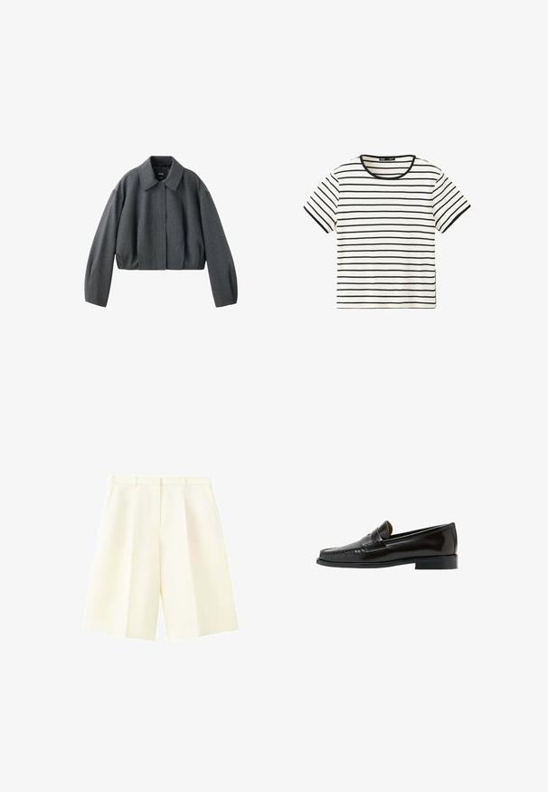 Veste courte gris foncé avec manches longues, large col et fermeture avant cachée, en tissu texturé.; Chemise blanche à manches courtes avec fines rayures noires horizontales et un col rond noir.; Shorts cintrés couleur crème taille haute avec passants de ceinture, plis devant et poches latérales, présentés sur fond blanc.; Mocassin penny en cuir noir avec talon bas et détails cousus, présenté de côté sur un fond blanc.