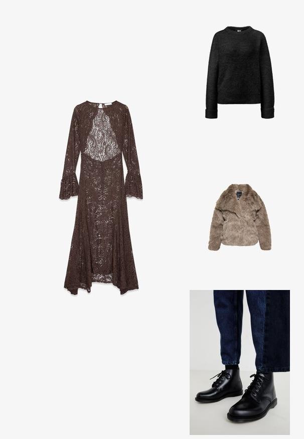 Faux fur jas in licht taupe, met een brede kraag, lange mouwen en een gestructureerd, zacht oppervlak met een ontspannen pasvorm.; Zwarte fuzzy trui met lange mouwen, ronde halslijn en geribbelde boorden en onderkant.; Lange bruine kanten jurk met klokmouwen, ronde halslijn en doorzichtige bloemenpatroon door de stof.; Zwarte leren enkellaarzen met ronde neuzen, een vetersluiting, zilveren veteroogjes en getextureerde zolen, gecombineerd met donkerblauwe spijkerbroeken.