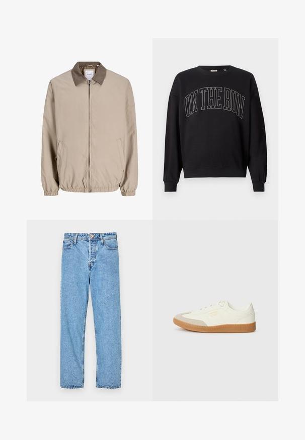 Beige lynlåsjakke med elastiske manchetter og kant, kontrasterende brun krave og sidelommer.; Sort crewneck sweatshirt med teksten "ON THE RUN" i store, omridsede versaler centreret foran.; Lysblå denim jeans med lige ben design, fem-lomme stil, synlige syninger og knap- samt lynlåslukning.; Sneaker lavet af hvid læder med en beige tåhætte og let brunt gummisål. Har flade hvide snørebånd og prægede branding på siden.