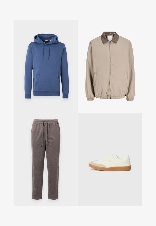 Beige jas met rits, elastische manchetten en zoom, contrasterende bruine kraag en zijzakken.; Blauwe katoenen hoodie met een capuchon met trekkoord, een grote voorzak en geribbelde boorden. Soepele textuur met een eenvoudig, effen kleurenontwerp.; Corduroy broek in een gematteerde taupe kleur, met een elastische tailleband met een trekkoord en taps toelopende pijpen met verticale ribbeltextuur.; Schoen gemaakt van wit leer met een beige teenkap en een lichtbruine rubberen zool. Voorzien van platte witte veters en reliëfbranding aan de zijkant.