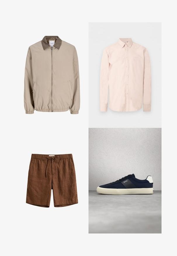 Veste beige zippée avec poignets et ourlet élastiques, col marron contrastant et poches latérales.; Chemise rose clair à manches longues avec boutons, col pointu, logo discret sur la poitrine et poignets boutonnés sur un fond blanc uni.; Short en lin marron avec taille élastique, cordon de serrage, passants pour ceinture et poches latérales.; Baskets BOSS bleu marine avec semelle blanche et détail au talon, lacets noirs, en suspension dans les airs sur fond de sol gris et mur en verre.